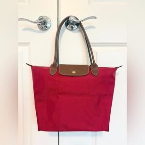 Longchamp Le Pliage Small Tote – Red Nylon, Long Handle, 100% Authentic